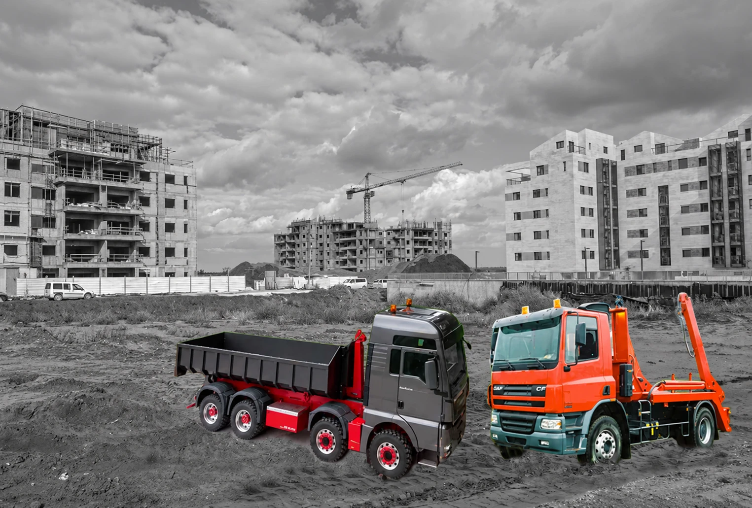 Camions et bennes LAS sur un chantier